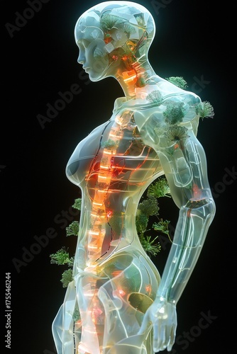 Wallpaper Mural Transparent human-like figure with red light inside and small plants on the surface, against a black background. AI. Torontodigital.ca