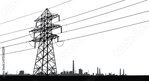 High voltage electricity transmission tower silhouette, industrial energy cityscape background,