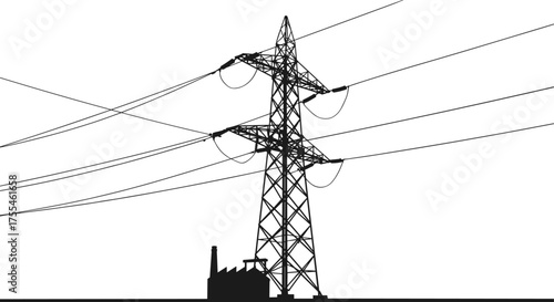 High voltage electricity transmission tower with factory silhouette, industrial power lines illustration, black and white vector design for energy infrastructure and electrical engineering concept