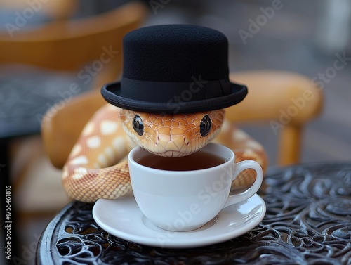 Wallpaper Mural A snake wearing a black hat is next to a teacup on an ornate metal table. The snake is light brown with darker spots. AI. Torontodigital.ca