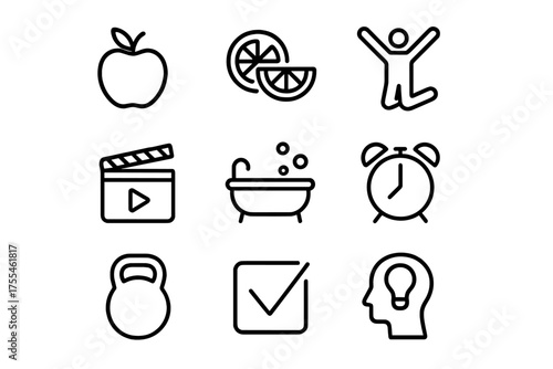 Simple icons illustrating healthy lifestyle choices, relaxation, productivity, and well-being associated with self-care