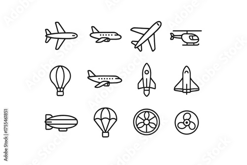 Various types of flying vehicles represented in simple line drawings on a white background