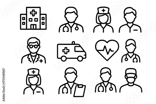 Health care professionals and facilities represented in icons showcasing medical services and roles in a hospital environment