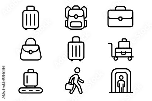Various types of luggage and bags shown in simple line art for travel and transport needs