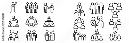 Icons representing teamwork, leadership, and collaboration in a corporate setting, showcasing communication and group dynamics