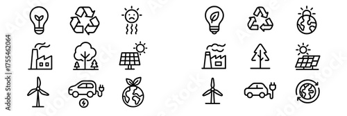 Icons representing renewable energy and environmental awareness for sustainable living practices and future initiatives