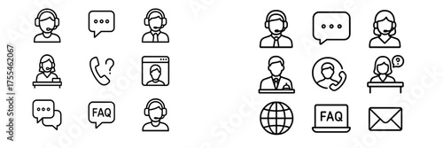Icons depicting customer service and support activities in various communication methods and platforms