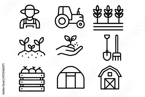 Illustration of farming activities with tools, crops, and a farmer involved in planting and cultivation