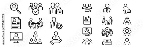 Icons representing professional activities like job search, meetings, and teamwork in a modern digital context