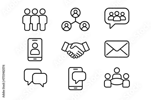 Icons representing social interaction, communication, and connection through digital and personal networking