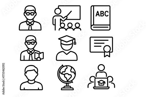 Icons representing education, learning activities, and academic achievements in a classroom setting