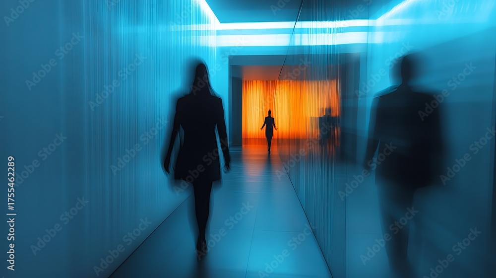Fototapeta premium Busy corporate employees walking through bright modern office hallway
