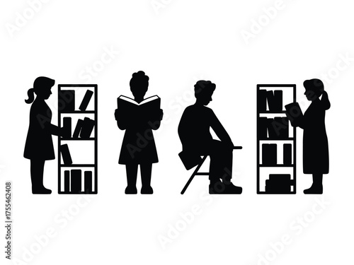Black silhouettes of people reading and shelving books library