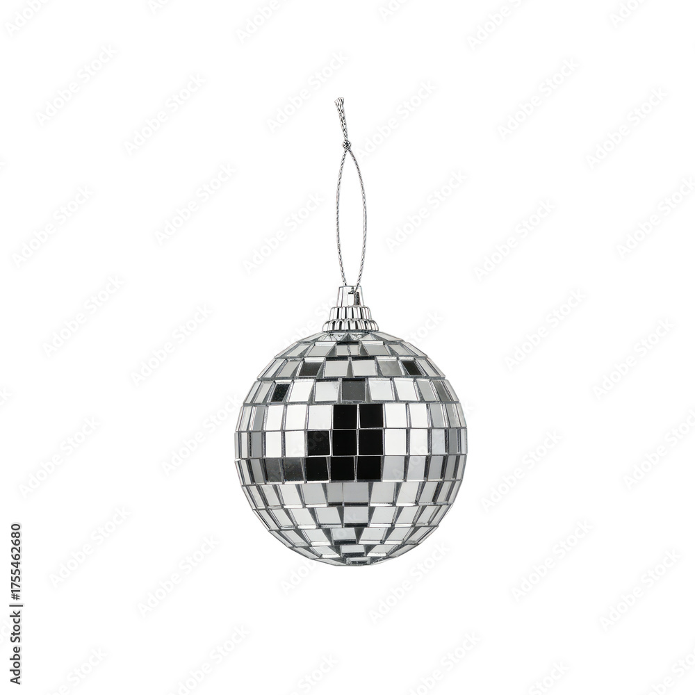 Fototapeta premium Silver Disco Ball Ornament with Hanging Loop isolated on a transparent background