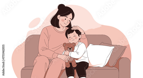 A Tender Moment: Motherly Affection and A Child's Joyful Embrace on A Cozy Sofa Setting
