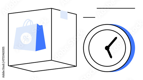 Shopping bag inside a delivery box paired with a clock symbolizes fast shipping. Ideal for e-commerce, logistics, time management, discount shopping, delivery optimization, online sales, and customer
