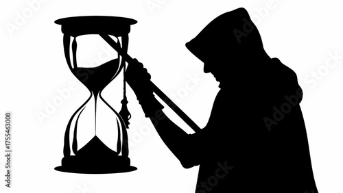 Mysterious hooded figure manipulates time with symbolic hourglass, representing fate and destiny