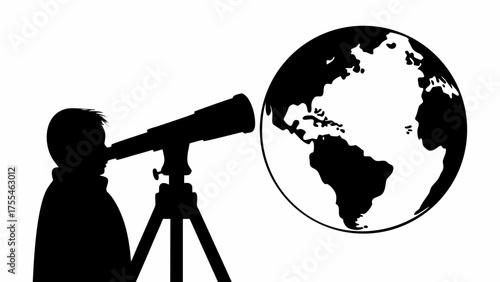 Explore the world, envisioning a future through global perspectives, telescope view of earth silhouette