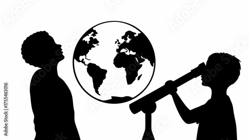 Children exploring the world with telescope and imagination, dreaming of travel and discovery, future horizons