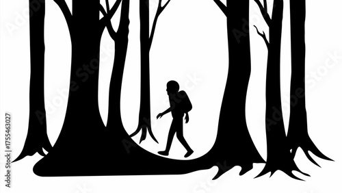 Silhouette hiker with backpack trekking through dark woods, perfect for nature adventure story