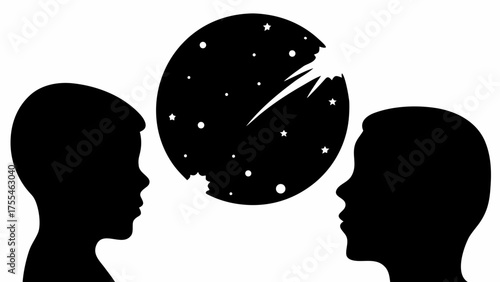 Silhouette of two children looking at starry night, imagination and wonder of childhood dreams, exploration