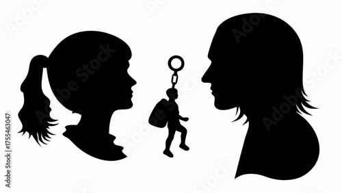 Silhouette couple faces with schoolboy keychain, symbolizing guidance and support in education journey
