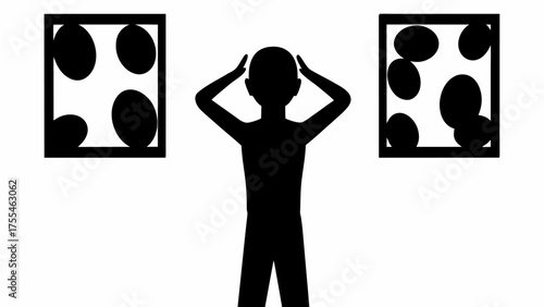 Confused person looking at dice with different numbers, making a difficult decision concept