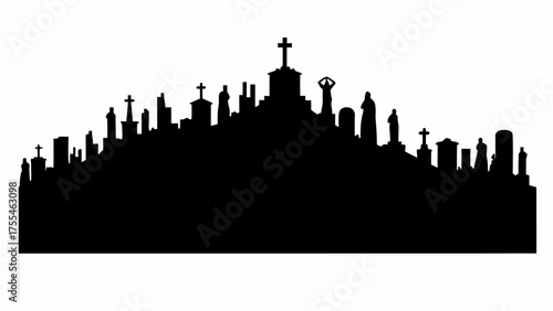 Dramatic cemetery silhouette with crosses and statues for solemn memorial designs and gothic themes