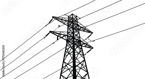 High voltage electricity transmission tower with power lines silhouette, industrial energy infrastructure illustration, electric pylon structure, electricity distribution and power grid vector design