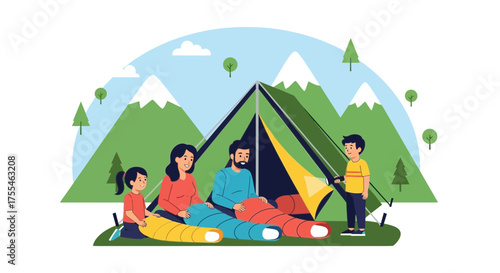 Adventurous Family Camping Adventure Under Mountainous Landscape With A Tent