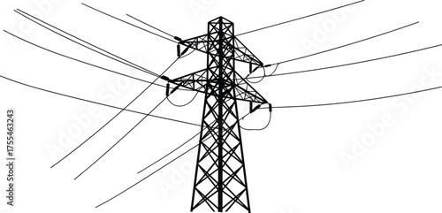 High voltage electricity transmission tower with power lines, black and white vector illustration showing industrial energy infrastructure and electrical distribution network