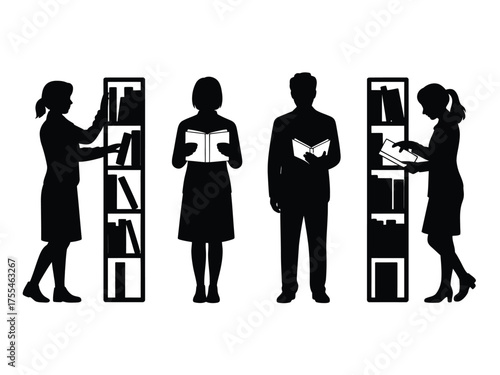 Black silhouettes of people reading books near shelves librarians