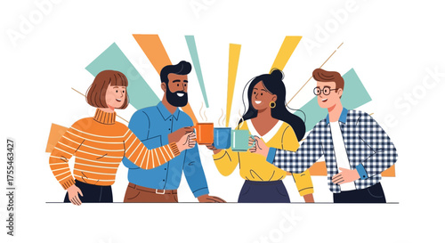 Animated Illustration Of Group Toasting Coffee Cups Together In Celebration Of Success
