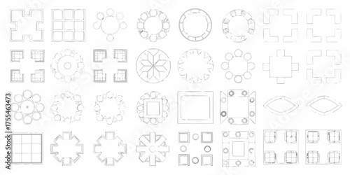 Collection of abstract geometric shapes and furniture arrangements in a top down view