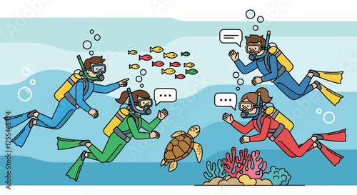Animated Scuba Divers Swimming Deep Underwater, Interacting With Marine Life and Eachother