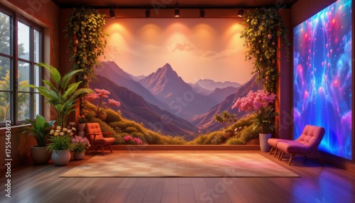 Interior with Mountain View Mural and Plants