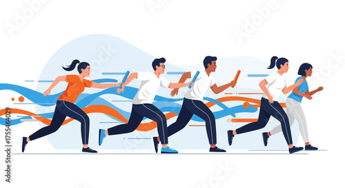 Athletes Competing in Relay Race with Colorful Energy, Focused on Victory and Speed