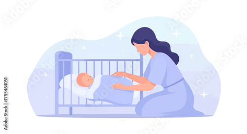 Attentive Mother Gently Interacting With Newborn Baby in a Cozy Sleep Setting Scene
