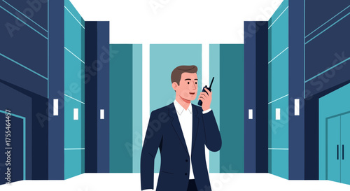 Business Professional Makes Announcement With Walkie Talkie Inside Of Modern Building