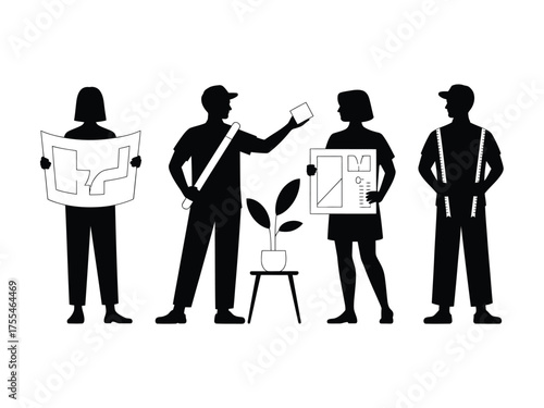 Black silhouettes of people working on interior design projects architects designers