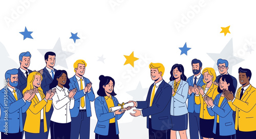 Business Team Celebrates Award Achievement While Others Applaud And Demonstrate Success