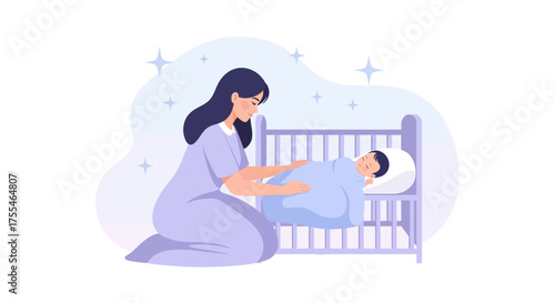 Caring Mother Tends to Sleeping Newborn Baby in Crib with Illustrative Vector Art