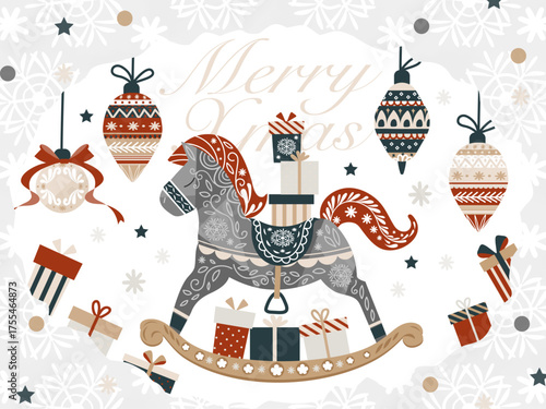 北欧風・水彩ロッキングホース（木馬）のクリスマスカード・フレーム素材/Scandinavian Watercolor Rocking Horse Christmas Card & Frame Illustration
