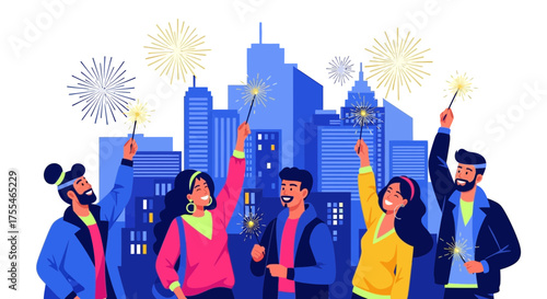 Celebratory Sparklers: Group Amidst Skyline Views, Expressing Joyful Festive Revelations