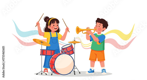 Cheerful Young Musicians Playing Drums And Trumpet, Joyful Childhood Moment Illustration