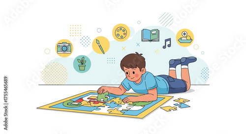 Child Enjoying Educational Puzzle While Surrounded By Artistic And Intellectual Icons