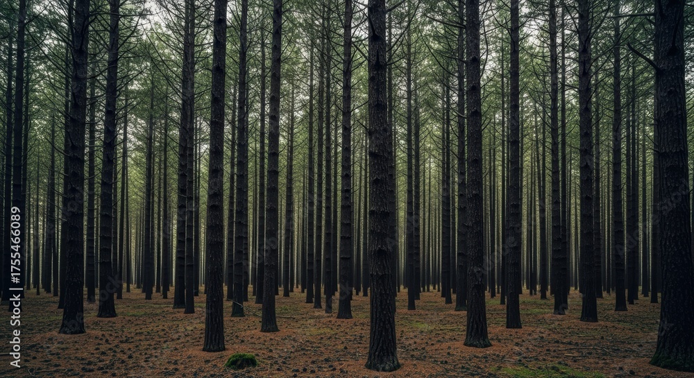 Fototapeta premium Dense forest with tall pine trees and a carpet of fallen leaves