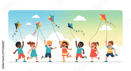 Children Playing With Colorful Kites Under A Vibrant Sky During The Summer Season