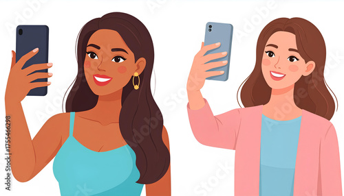 set vector illustration of woman taking selfie with mobile phone 