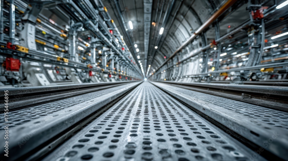 Fototapeta premium Industrial Tunnel Perspective with Machinery and Support Structures